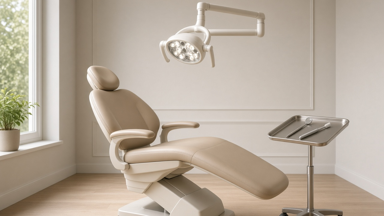 Dental chair in warm window light at Union Dental